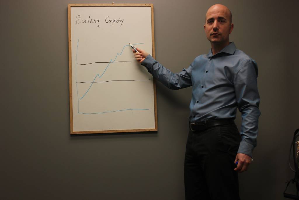 Image of Eric pointing at a graph on a whiteboard